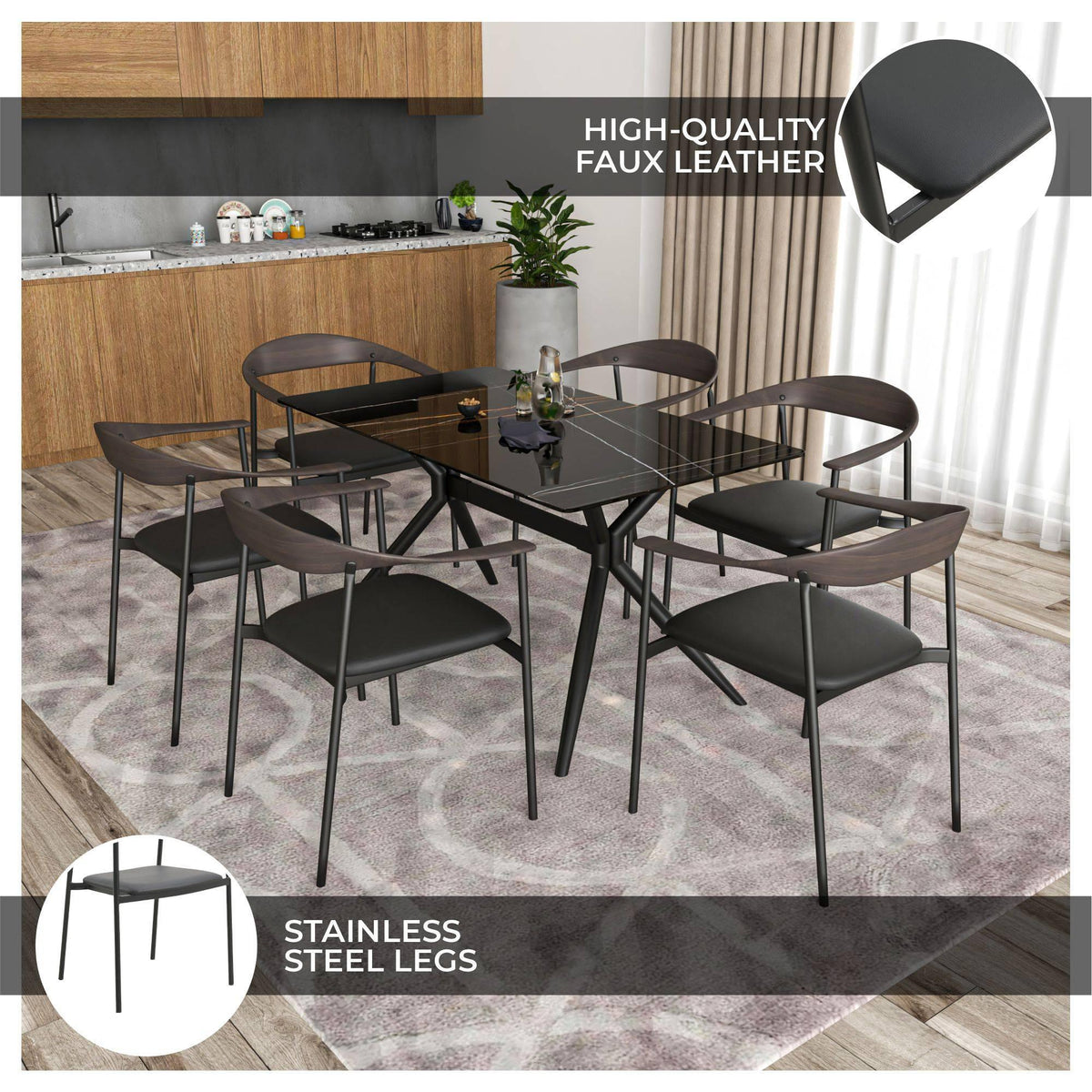 Kora Dining Chair Upholstered in Leather with Stainless Steel Frame and Legs - Elax Furniture