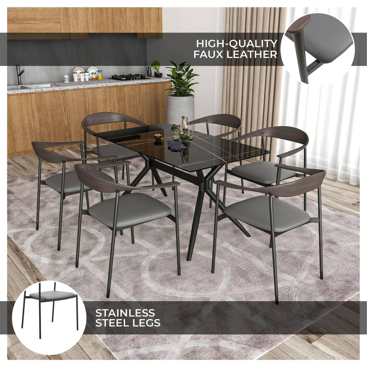 Kora Dining Chair Upholstered in Leather with Stainless Steel Frame and Legs - Elax Furniture