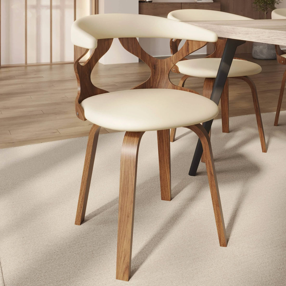 Klyne Modern Wooden Dining Chair Upholstered in Leather With Walnut Color Frame Walnut Taupe Dining Chair Leisuremod