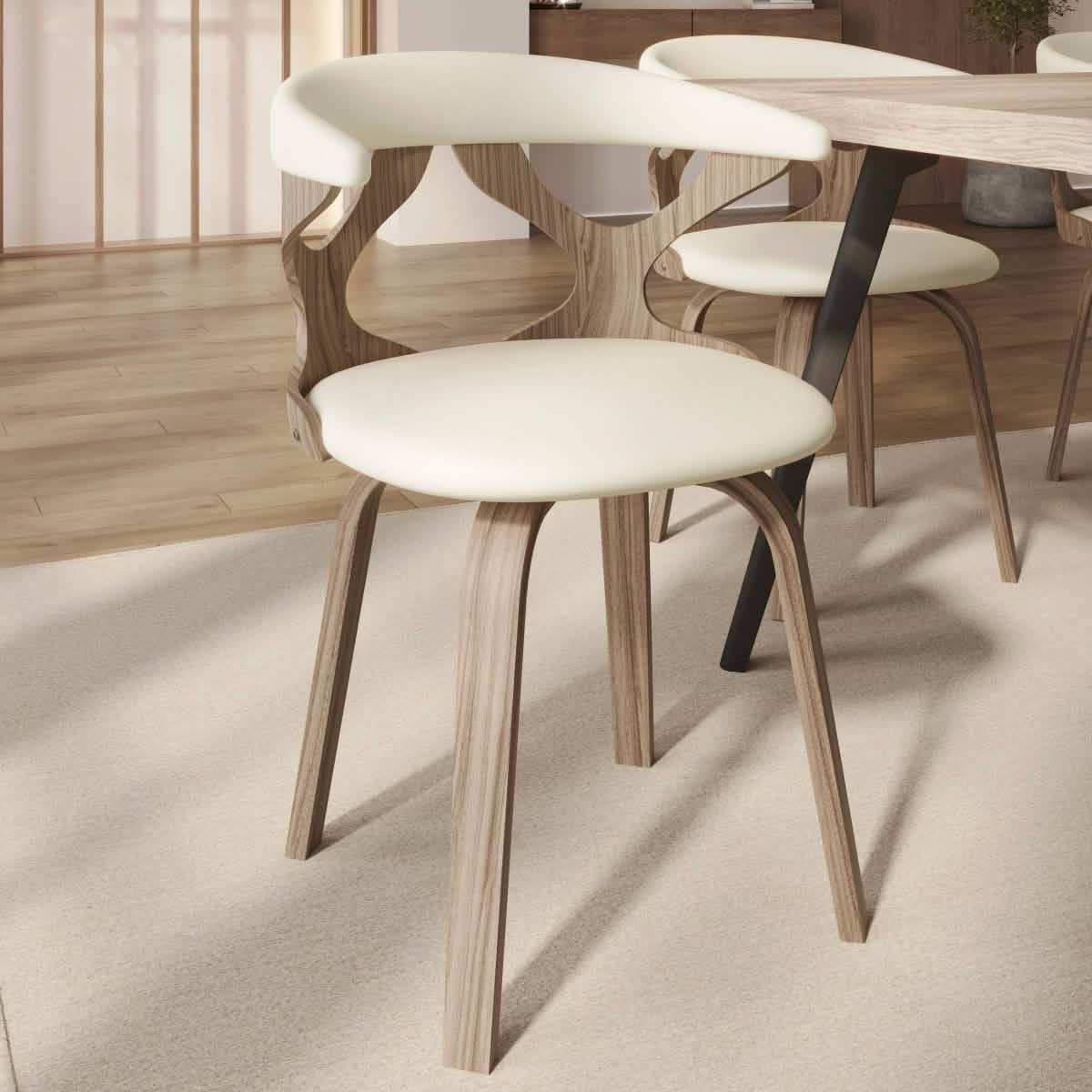 Klyne Modern Wooden Dining Chair Upholstered in Leather With Walnut Color Frame Washed Walnut White Dining Chair Leisuremod
