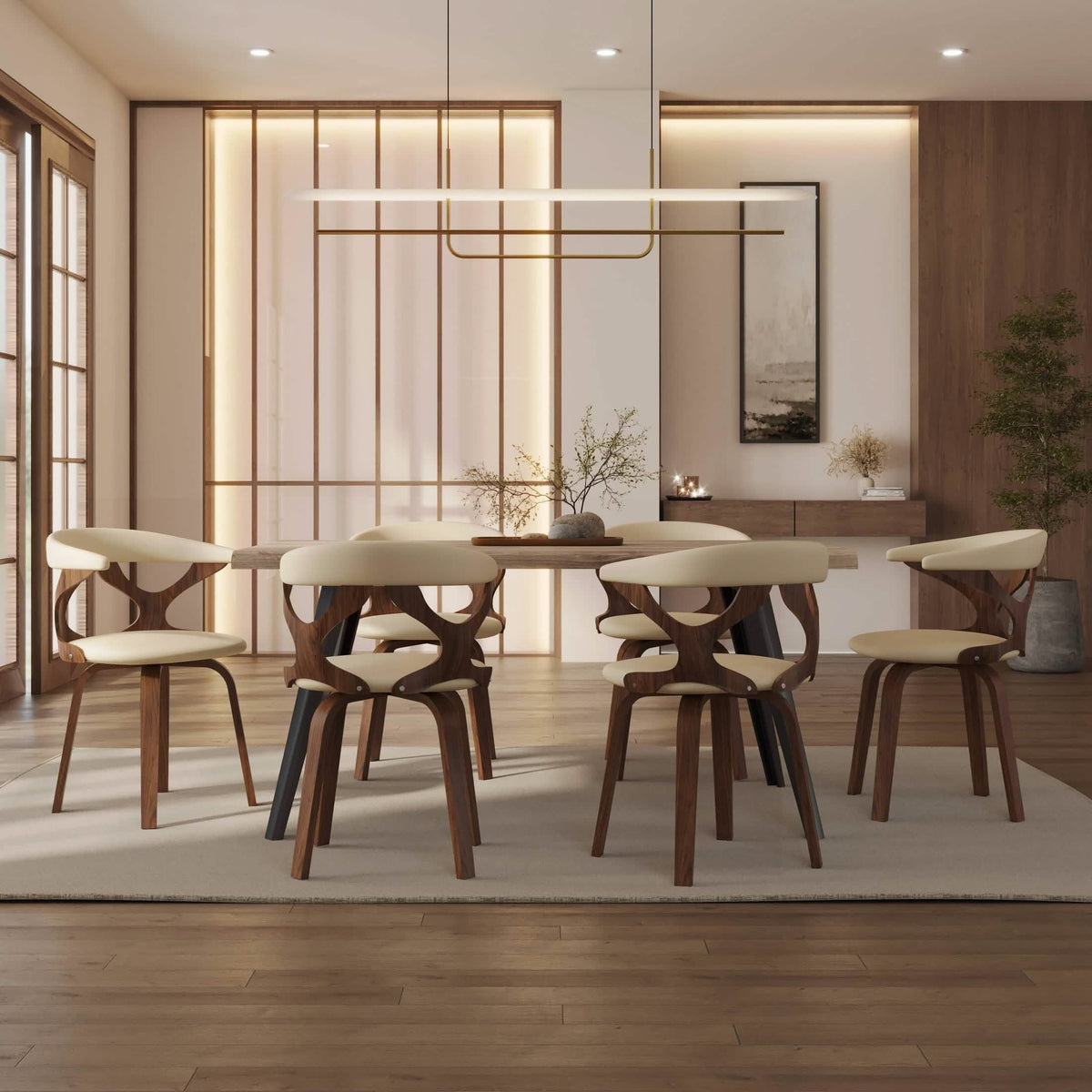 Klyne Modern Wooden Dining Chair Upholstered in Leather With Walnut Color Frame Walnut Taupe Dining Chair Leisuremod
