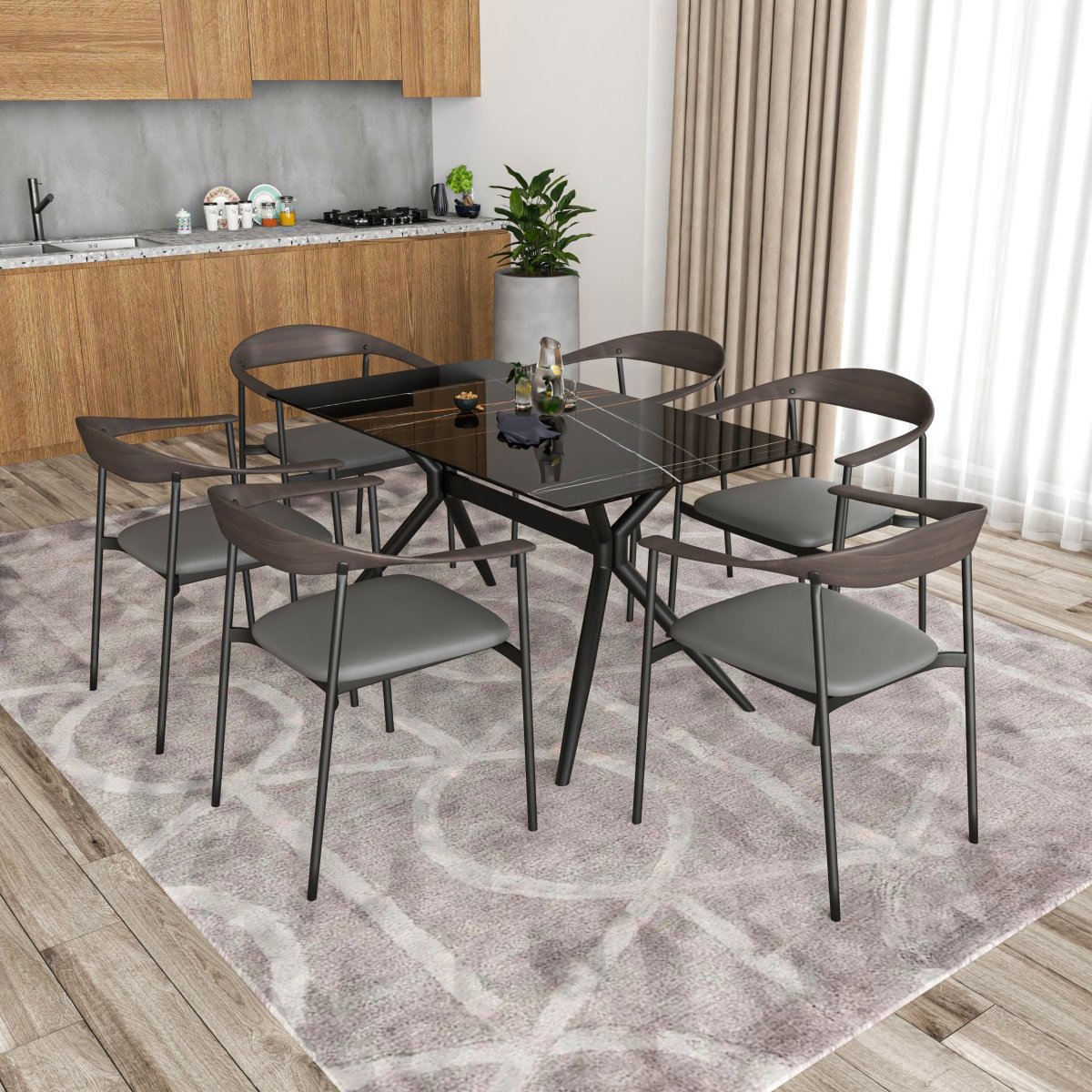 Kora Dining Chair Upholstered in Leather with Stainless Steel Frame and Legs Charcoal Dining Chair Leisuremod