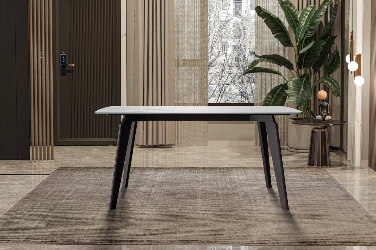Krevor Modern Dining Table with Rectangular Stone/Glass Wide Tabletop with Black Steel Legs Sintered Stone White Dining Table Leisuremod