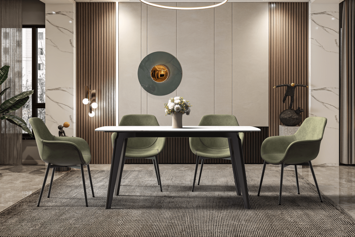 Krevor Modern Dining Table with Rectangular Stone/Glass Wide Tabletop with Black Steel Legs Sintered Stone White and Gold Dining Table Leisuremod