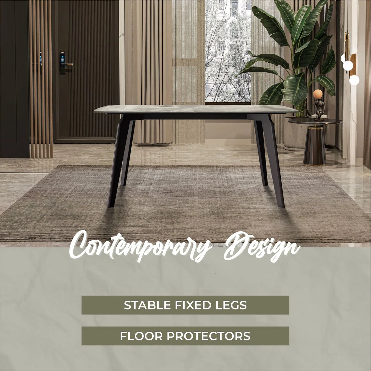 Krevor Modern Dining Table with Rectangular Stone/Glass Wide Tabletop with Black Steel Legs - Elax Furniture
