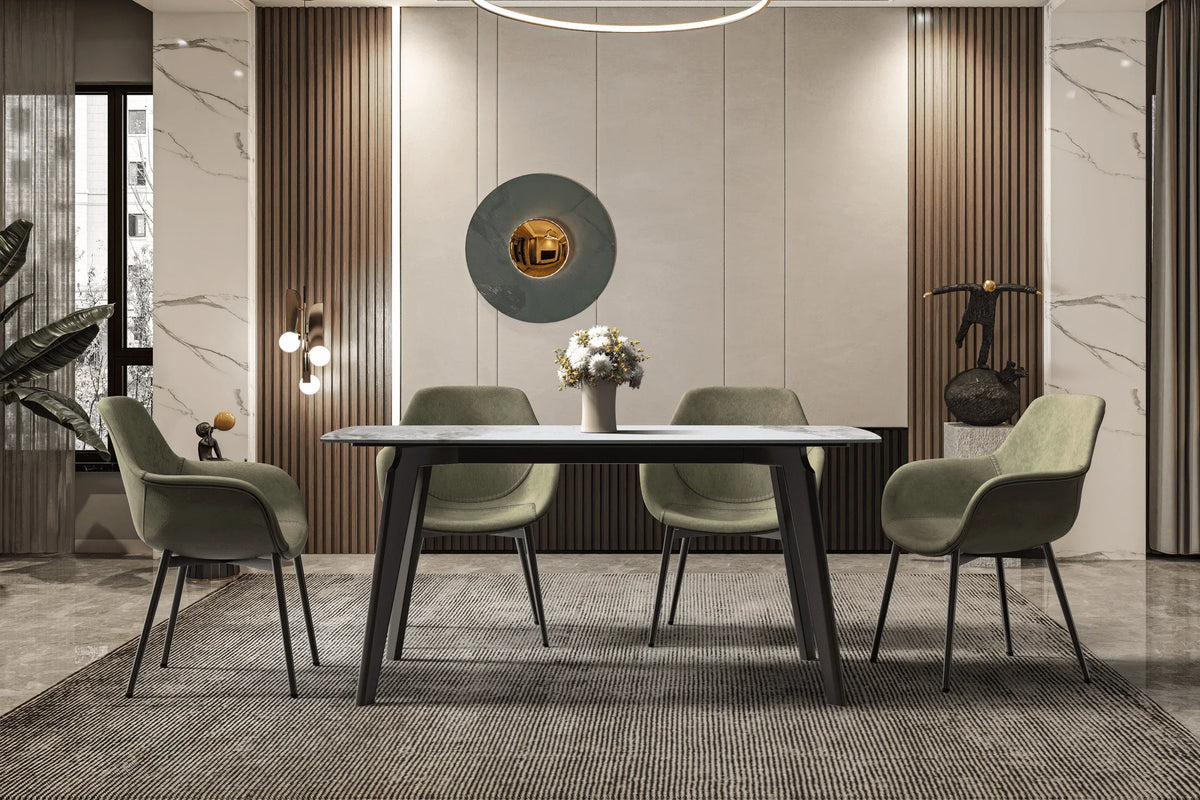 Krevor Modern Dining Table with Rectangular Stone/Glass Wide Tabletop with Black Steel Legs - Elax Furniture