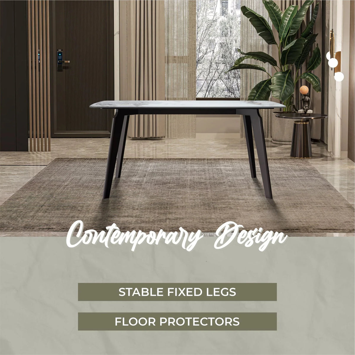 Krevor Modern Dining Table with Rectangular Stone/Glass Wide Tabletop with Black Steel Legs - Elax Furniture