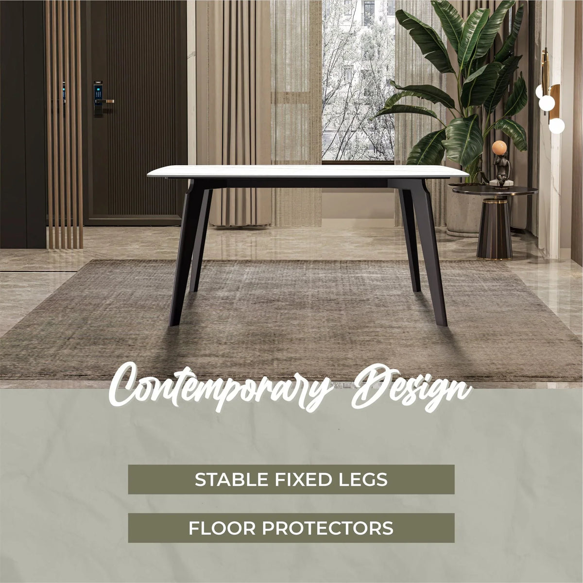 Krevor Modern Dining Table with Rectangular Stone/Glass Wide Tabletop with Black Steel Legs - Elax Furniture