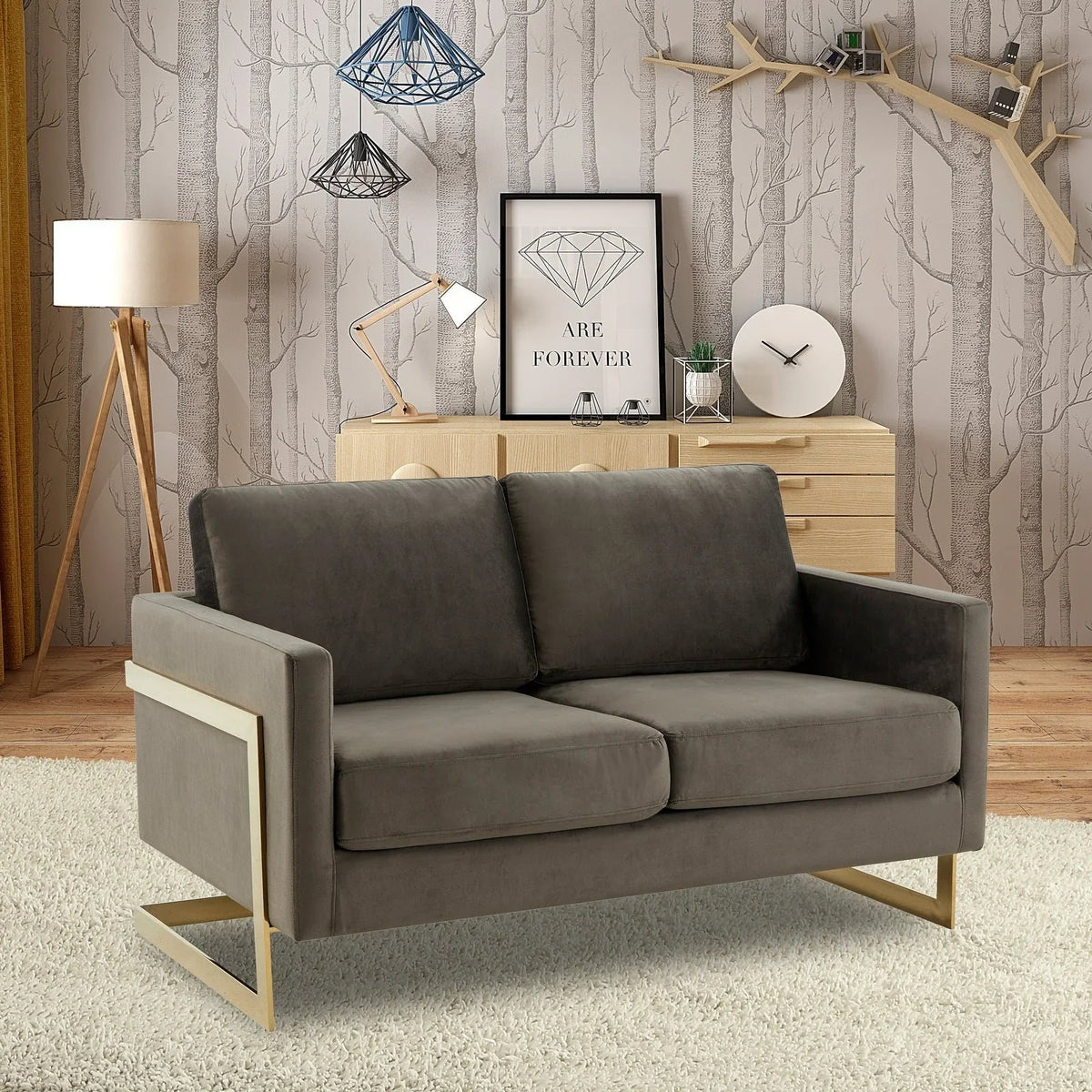Lincoln Upholstered Velvet/Leather Loveseat With Gold Frame - Elax Furniture