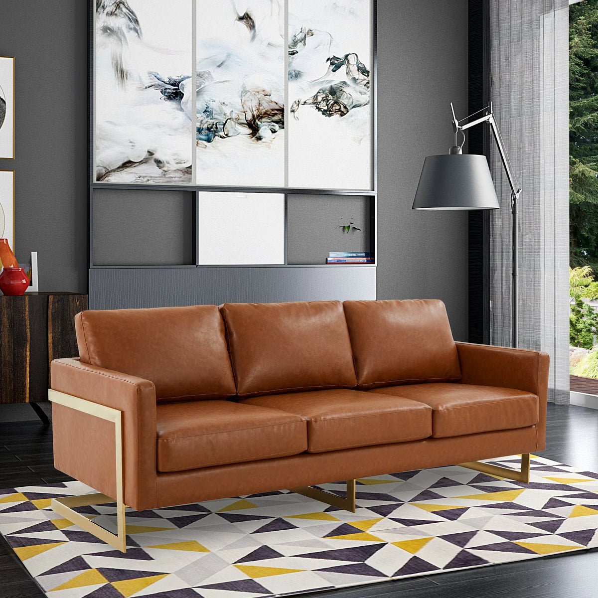 Lincoln 3-Seater Velvet/Leather Full Size Sofa in Stainless Steel - Elax Furniture