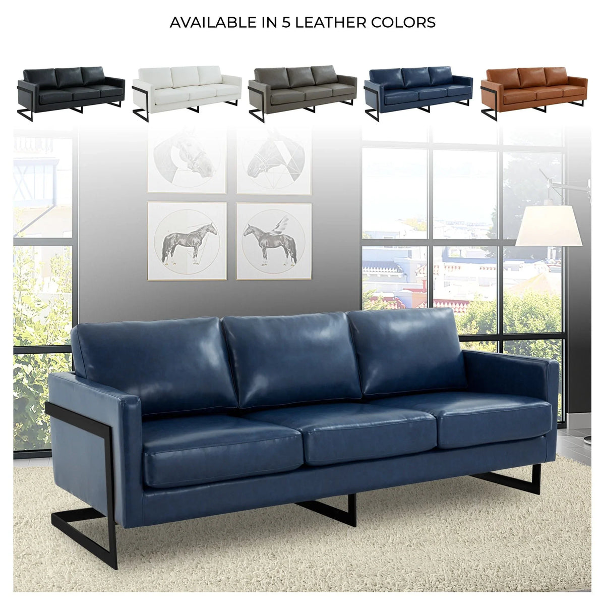 Lincoln 3-Seater Sofa Upholstered in Leather with Black Stainless Steel Frame - Elax Furniture