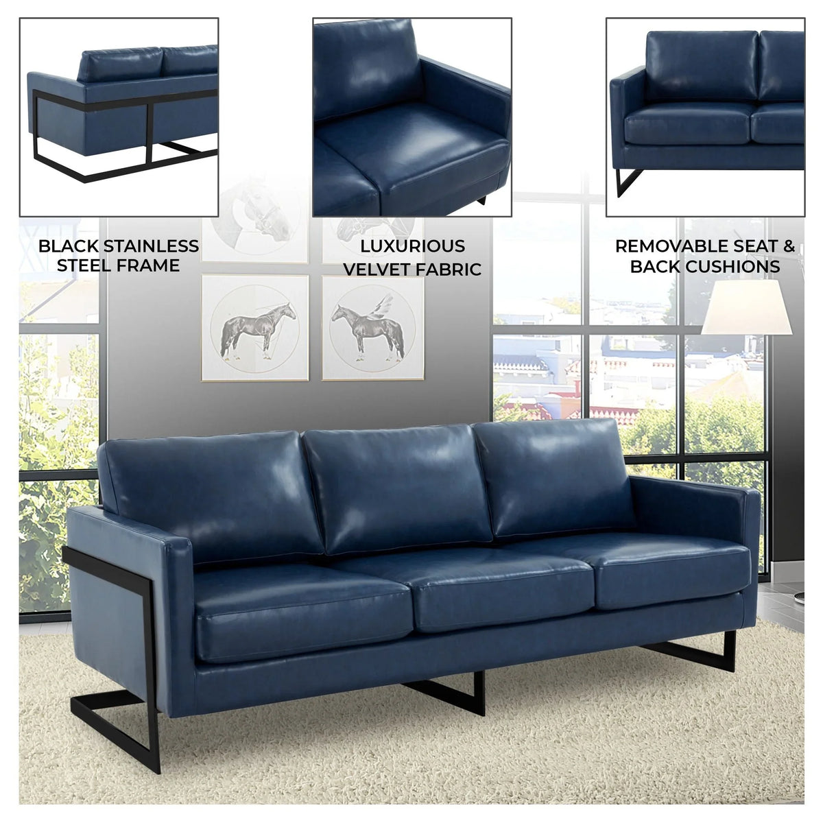 Lincoln 3-Seater Sofa Upholstered in Leather with Black Stainless Steel Frame - Elax Furniture