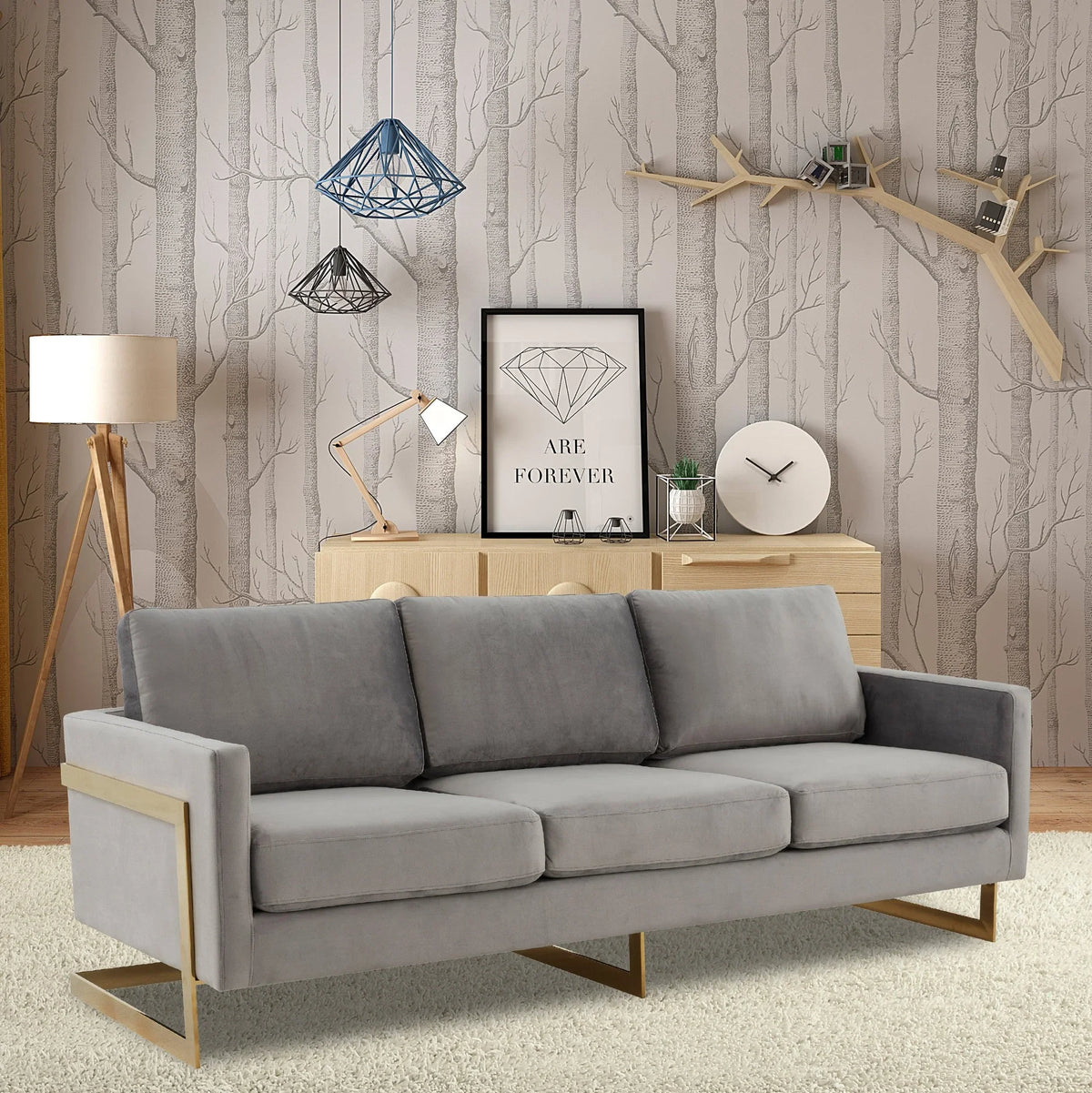 Lincoln 3-Seater Velvet/Leather Full Size Sofa in Stainless Steel - Elax Furniture