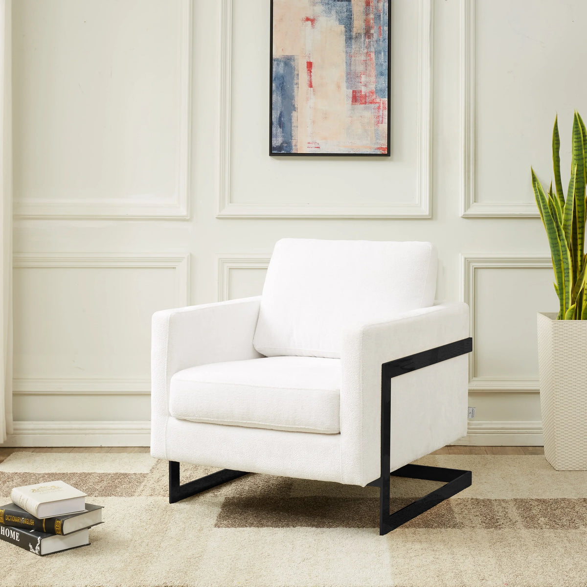 Lincoln Geometric Accent Chair Upholstered Boucle with Black Stainless-Steel Base - Elax Furniture