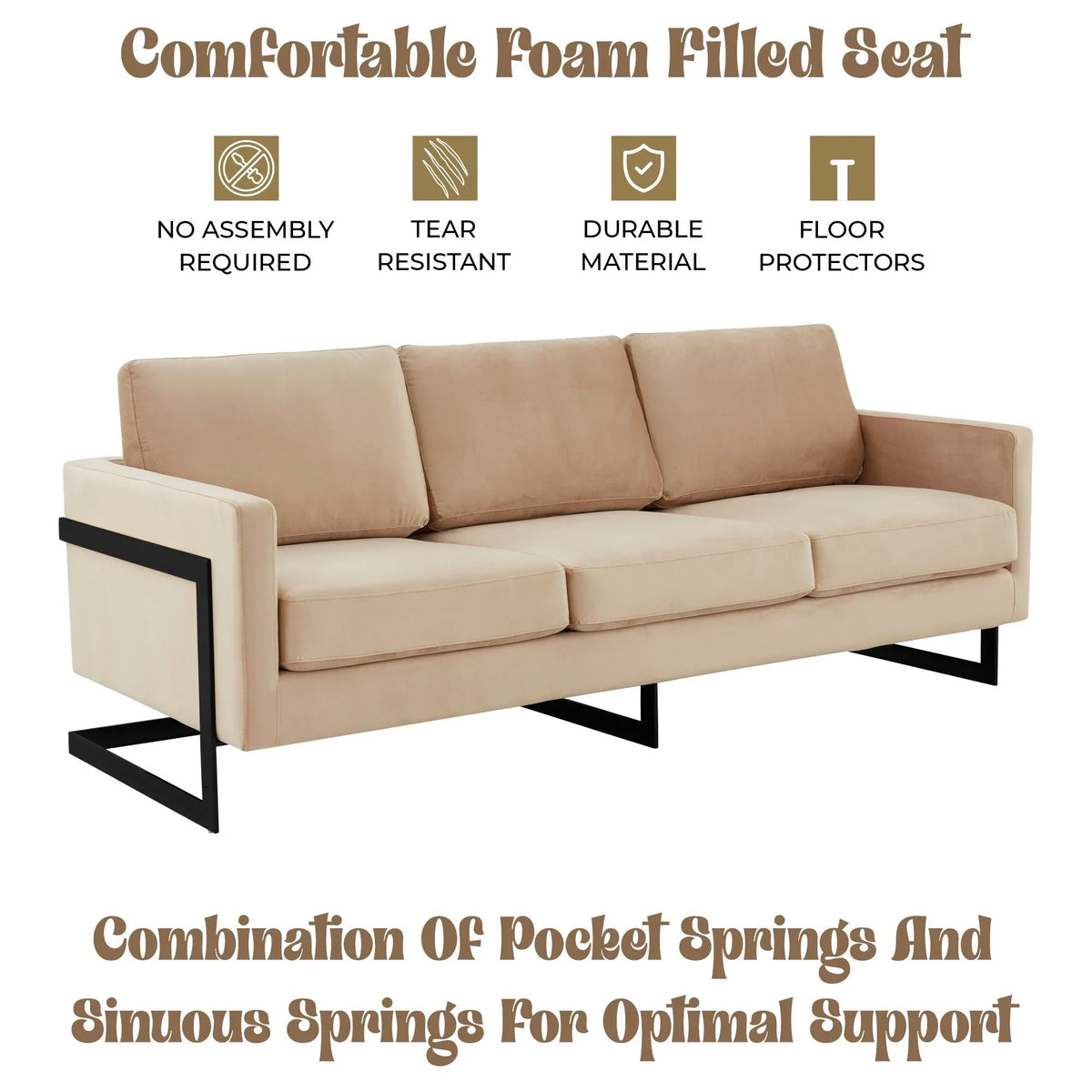 Lincoln 3-Seater Upholstered Velvet Sofa with Black Stainless-Steel Base - Elax Furniture