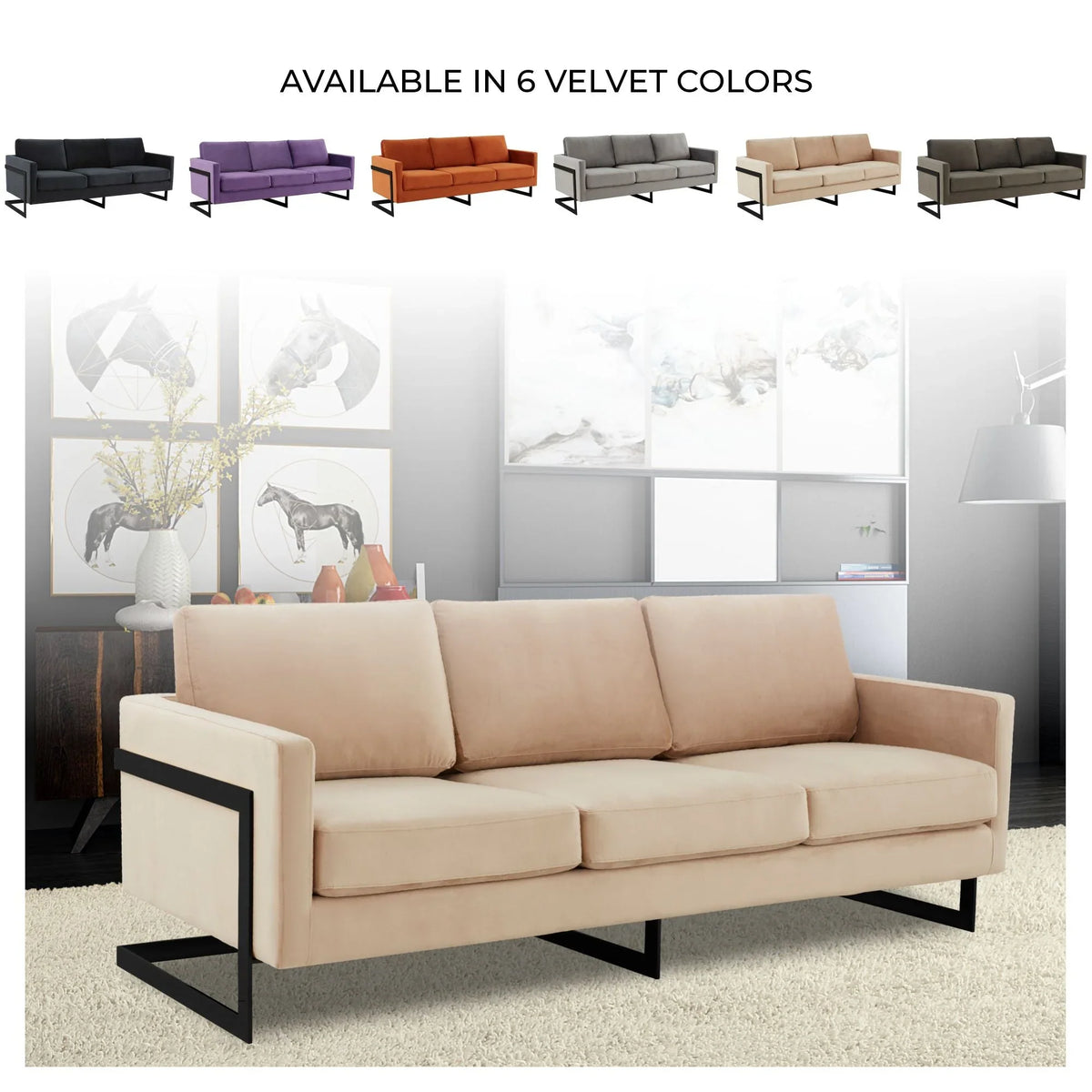 Lincoln 3-Seater Upholstered Velvet Sofa with Black Stainless-Steel Base - Elax Furniture