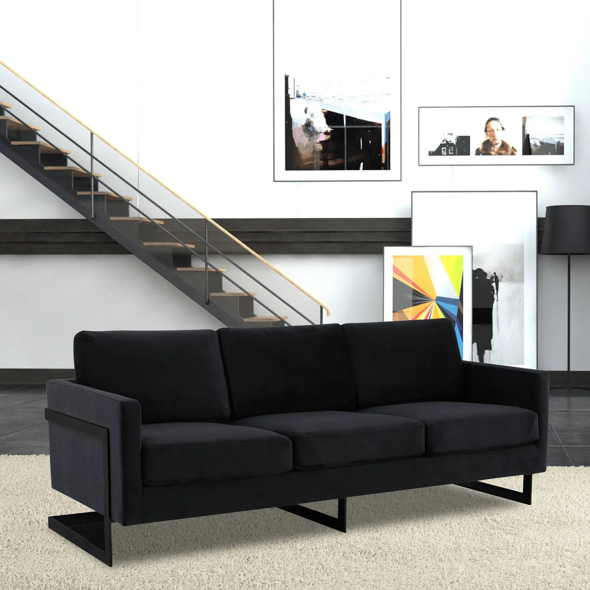 Lincoln 3-Seater Upholstered Velvet Sofa with Black Stainless-Steel Base - Elax Furniture
