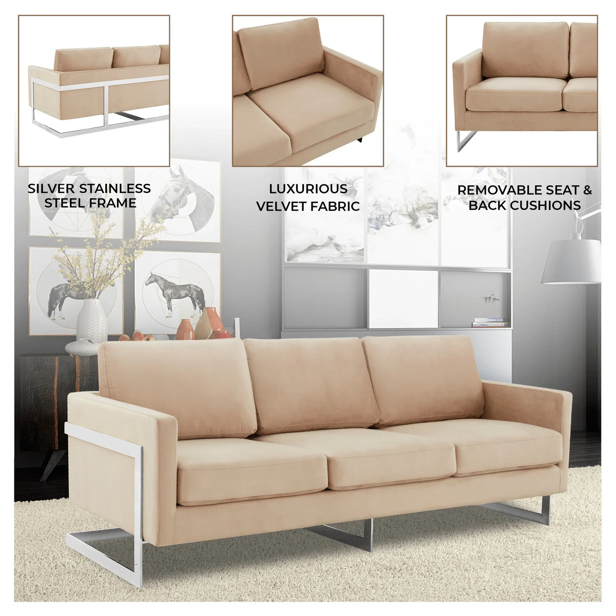 Lincoln 3-Seater Sofa Upholstered in Velvet Fabric with Chrome Stainless Steel Frame - Elax Furniture