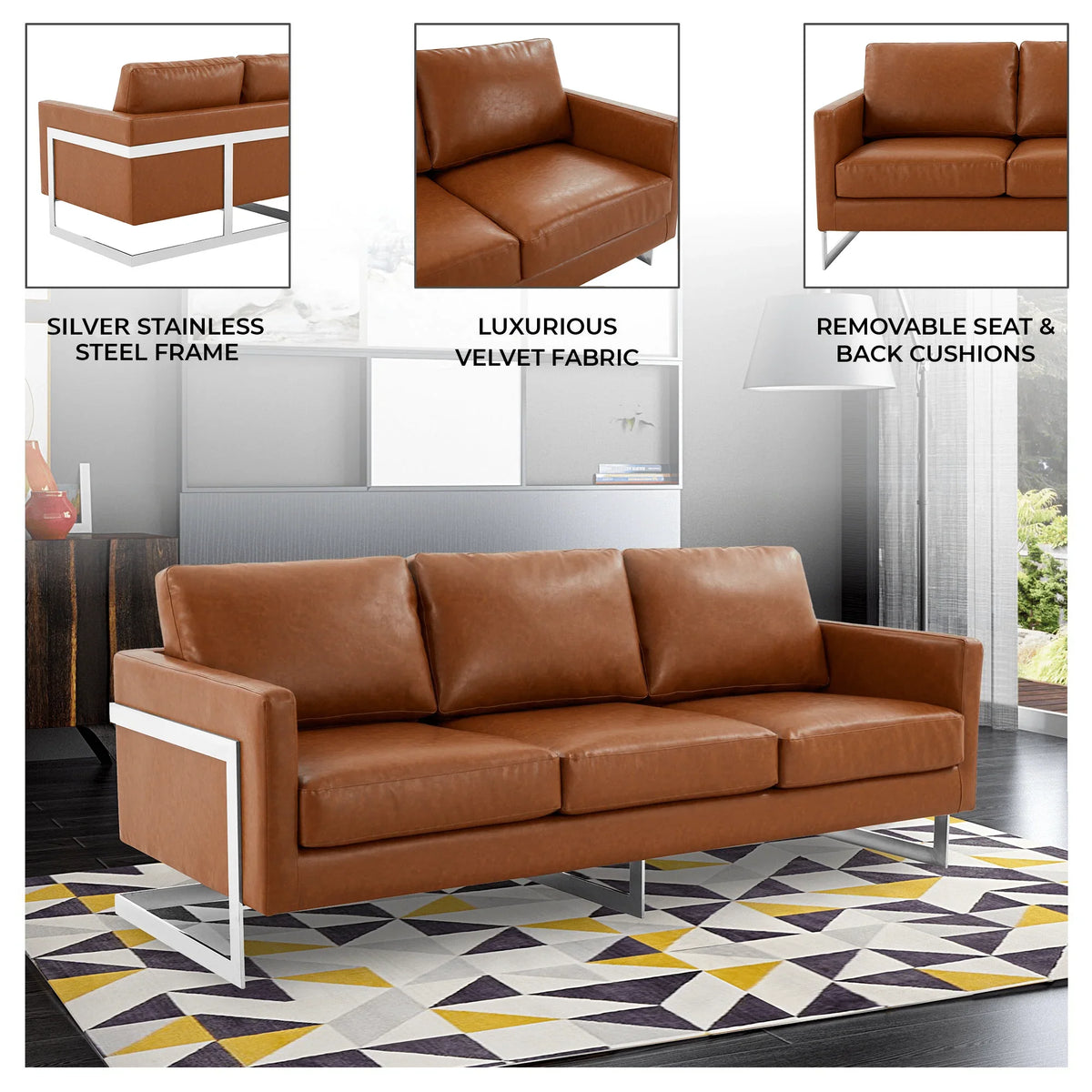 Lincoln 3-Seater Sofa Upholstered in Leather with Chrome Stainless Steel Frame - Elax Furniture