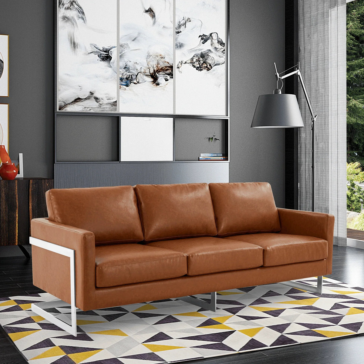 Lincoln 3-Seater Sofa Upholstered in Leather with Chrome Stainless Steel Frame - Elax Furniture