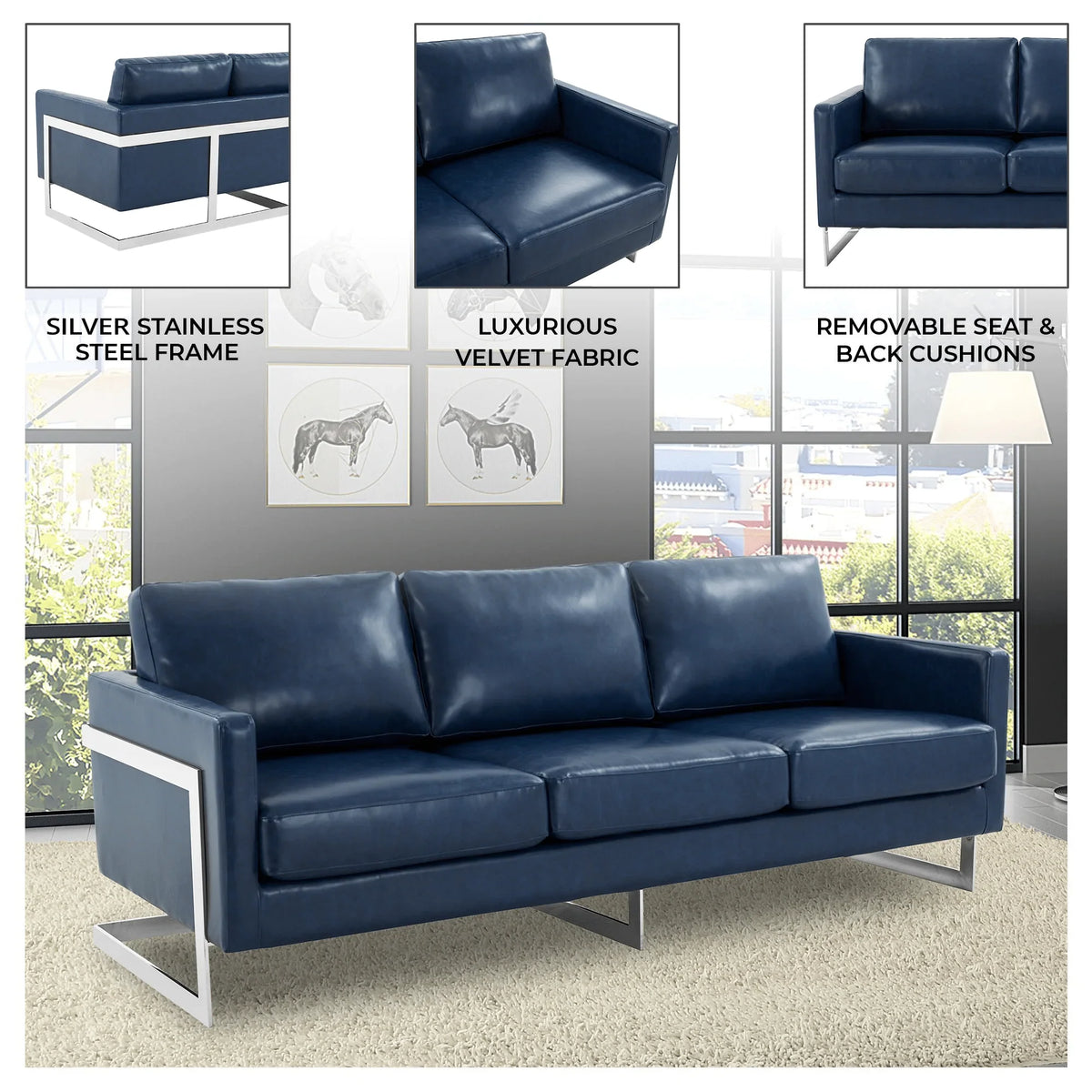 Lincoln 3-Seater Sofa Upholstered in Leather with Chrome Stainless Steel Frame - Elax Furniture