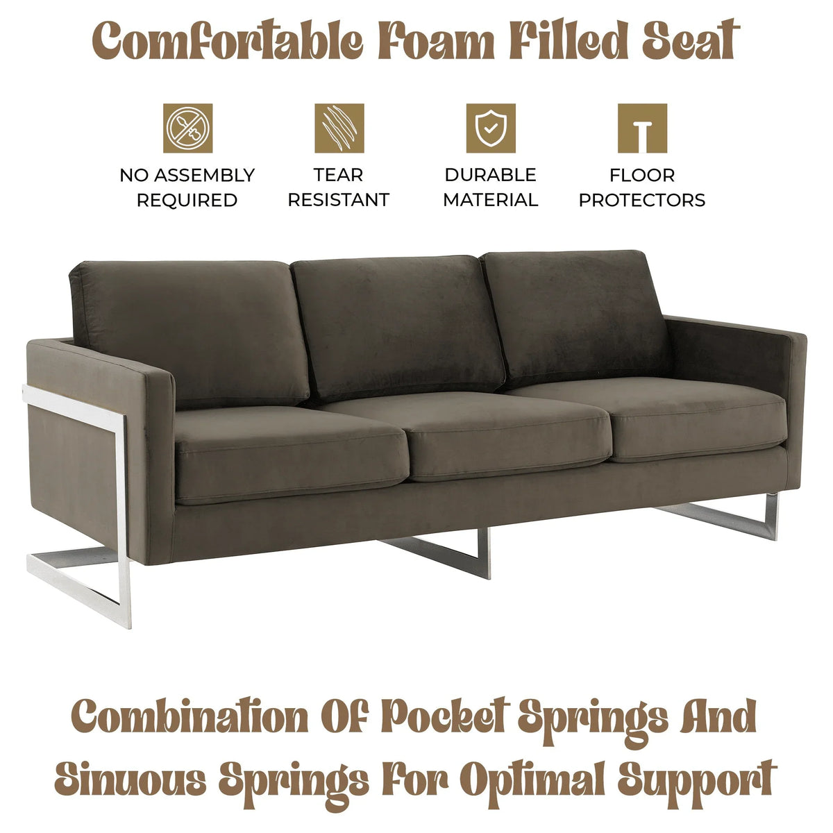 Lincoln 3-Seater Sofa Upholstered in Velvet Fabric with Chrome Stainless Steel Frame - Elax Furniture