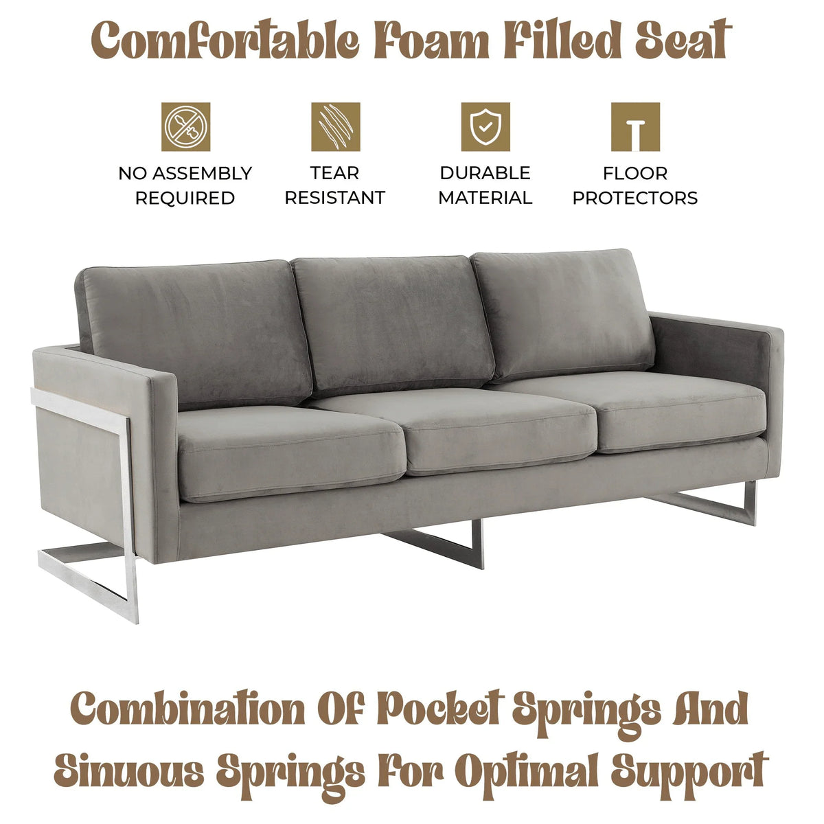 Lincoln 3-Seater Sofa Upholstered in Velvet Fabric with Chrome Stainless Steel Frame - Elax Furniture