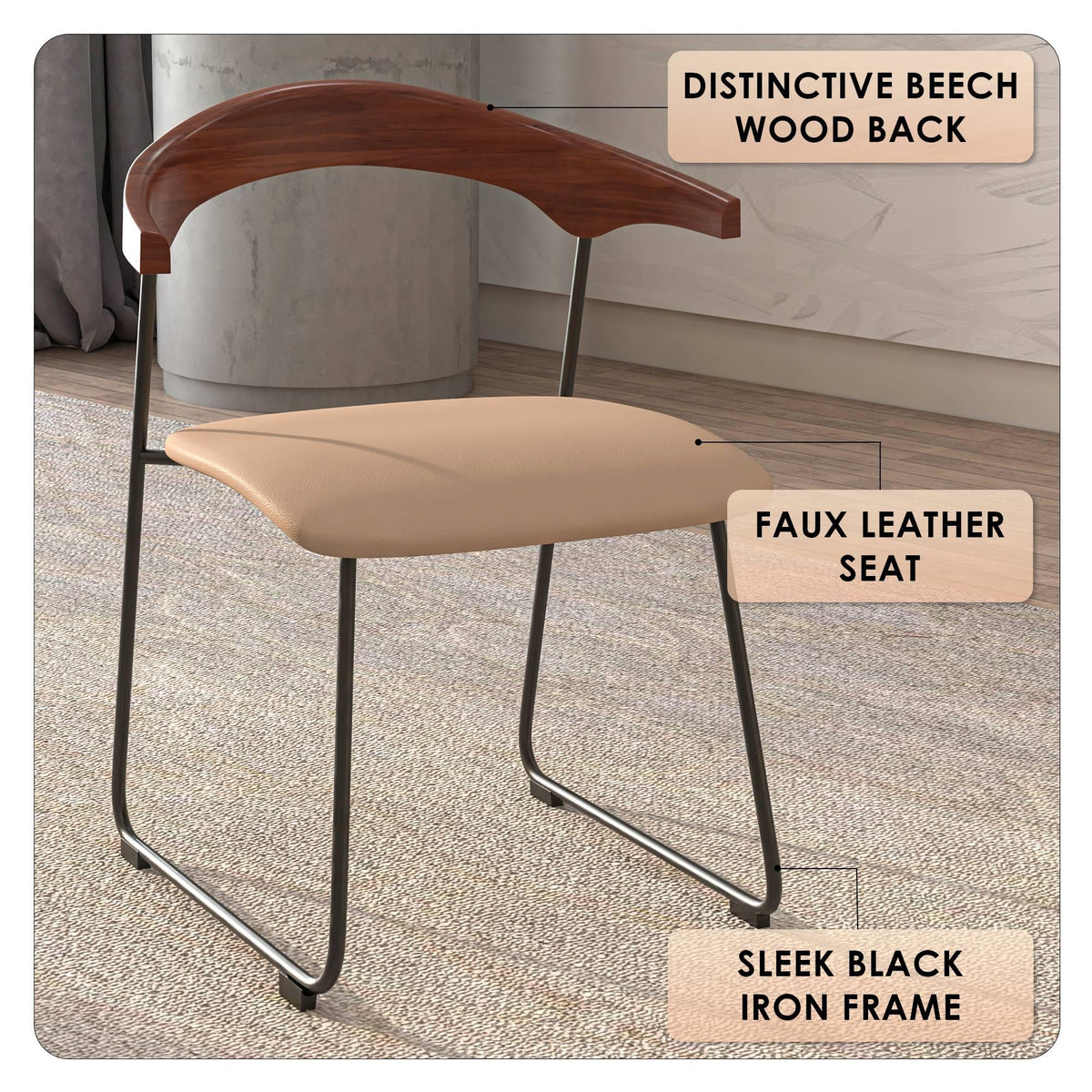 Lyra Leather Dining Chair with a Beech Wood Curved Back and Iron Legs - Elax Furniture