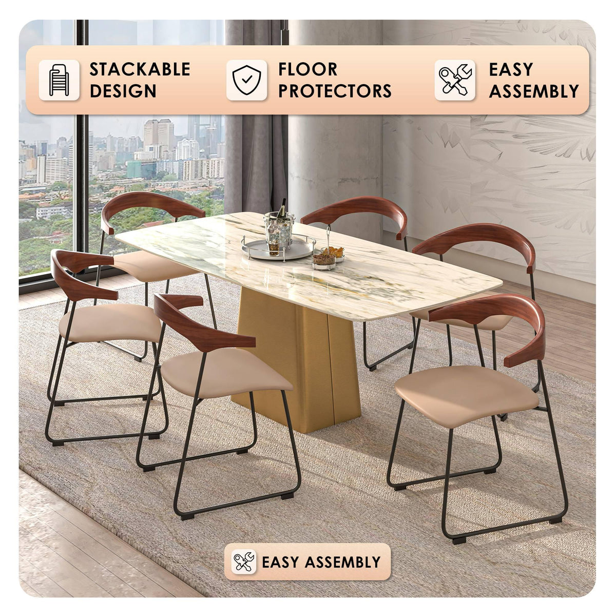 Lyra Leather Dining Chair with a Beech Wood Curved Back and Iron Legs - Elax Furniture