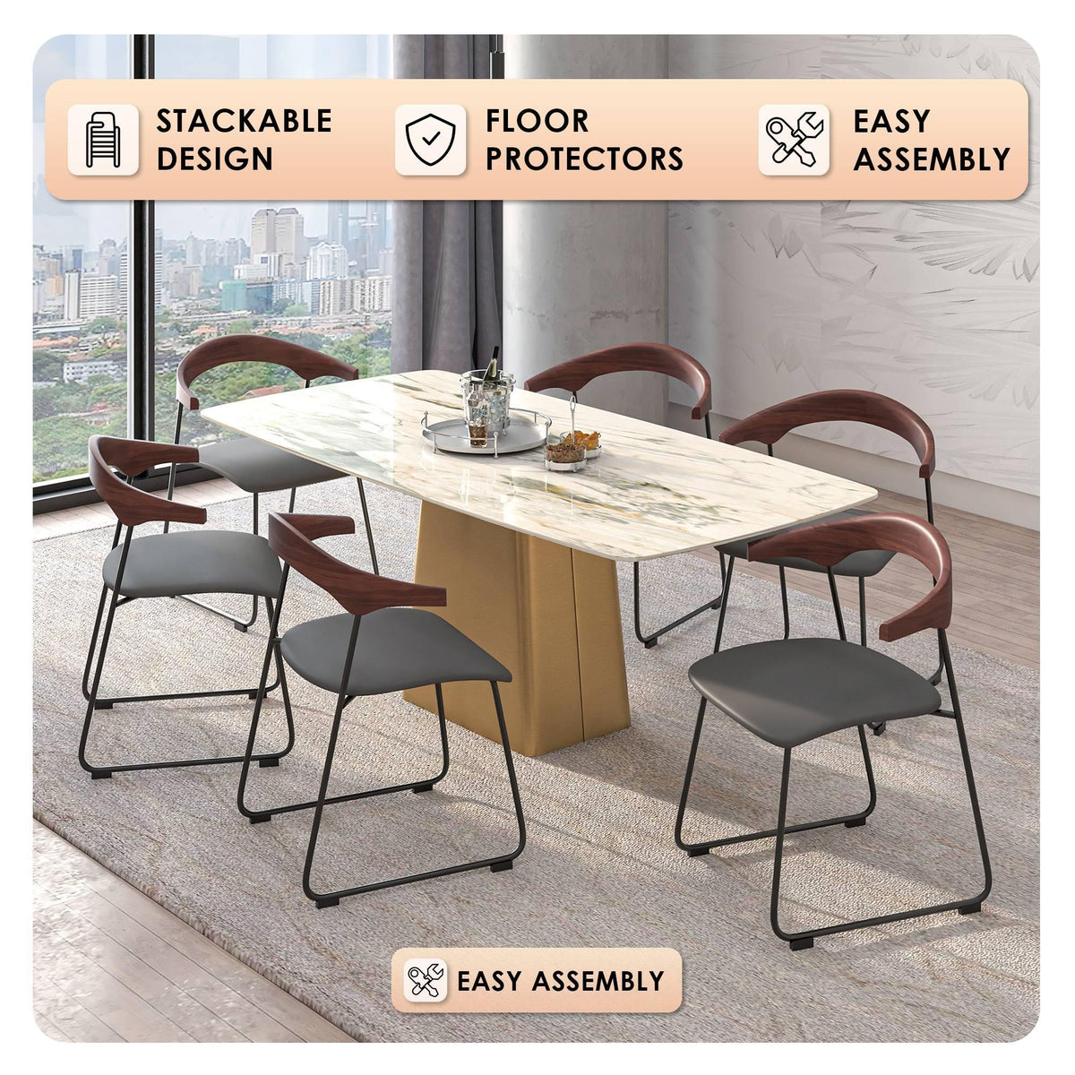 Lyra Leather Dining Chair with a Beech Wood Curved Back and Iron Legs - Elax Furniture