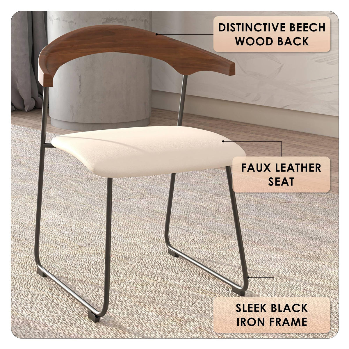 Lyra Leather Dining Chair with a Beech Wood Curved Back and Iron Legs - Elax Furniture
