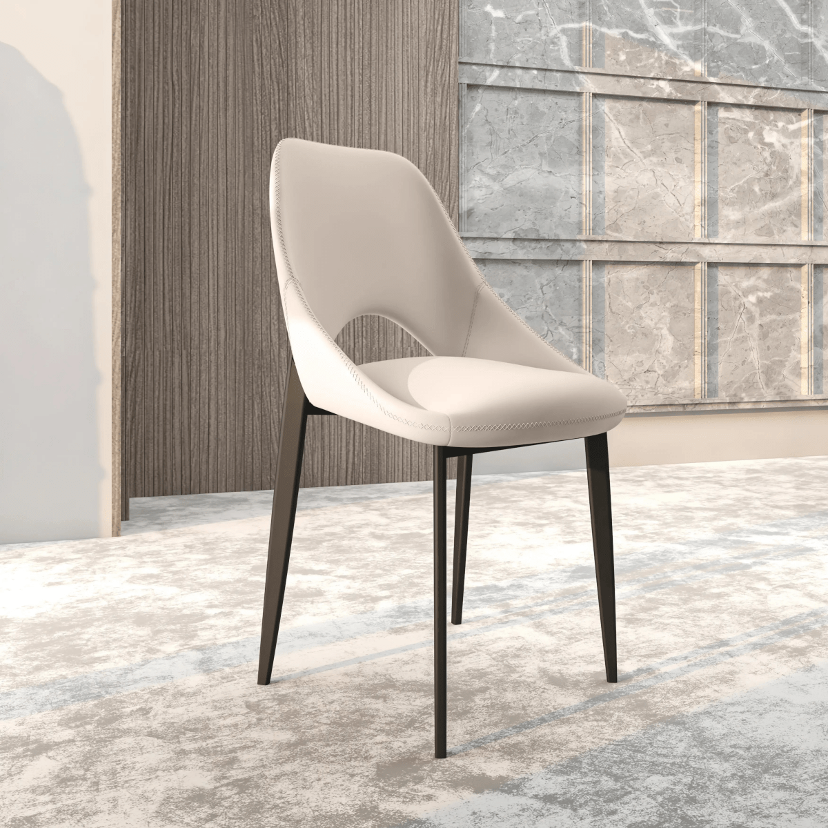 Amalfi Upholstered Dining Chair with a Curved Open Back Design in Black Iron Coconut white CHAIR Leisuremod