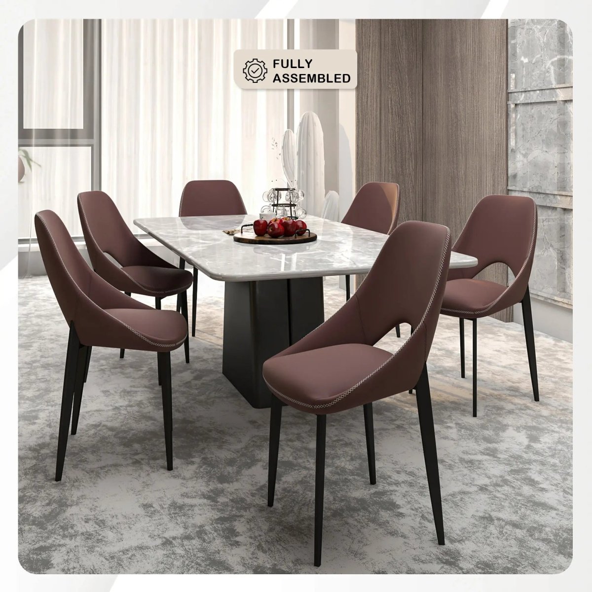 Amalfi Upholstered Dining Chair with a Curved Open Back Design in Black Iron Plum Purple CHAIR Leisuremod