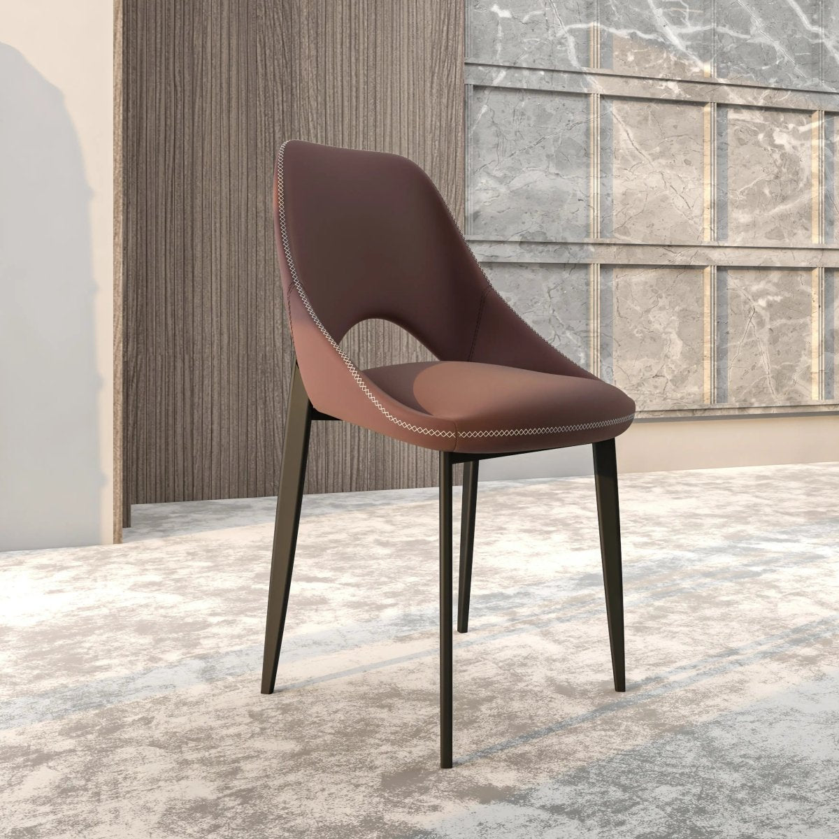 Amalfi Upholstered Dining Chair with a Curved Open Back Design in Black Iron Plum Purple CHAIR Leisuremod