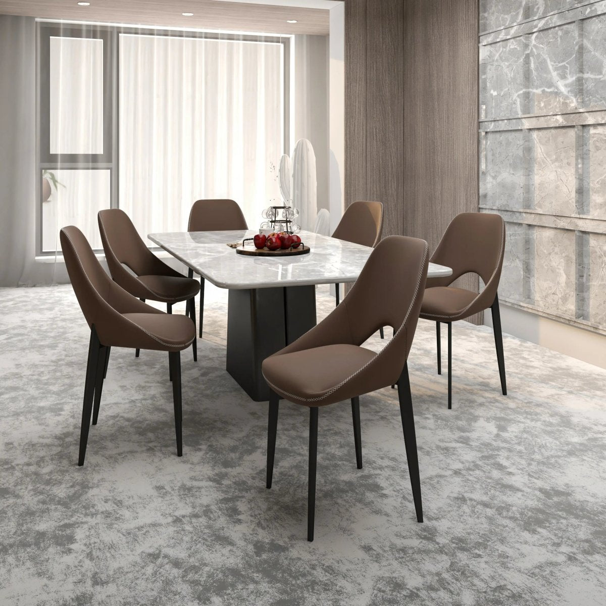 Amalfi Upholstered Dining Chair with a Curved Open Back Design in Black Iron Light Brown CHAIR Leisuremod