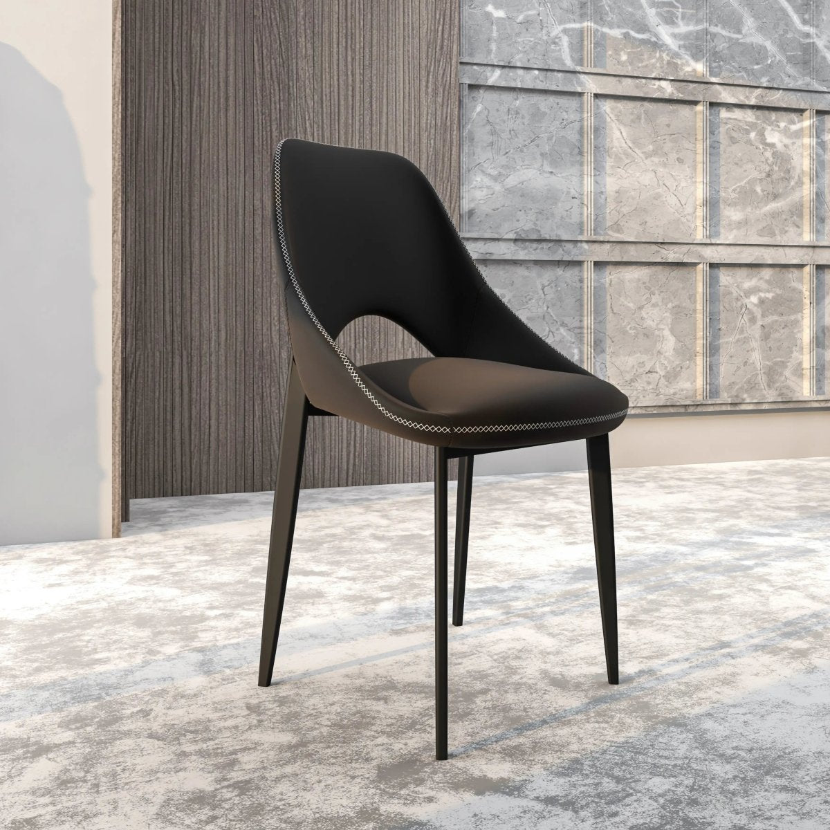 Amalfi Upholstered Dining Chair with a Curved Open Back Design in Black Iron Charcoal CHAIR Leisuremod
