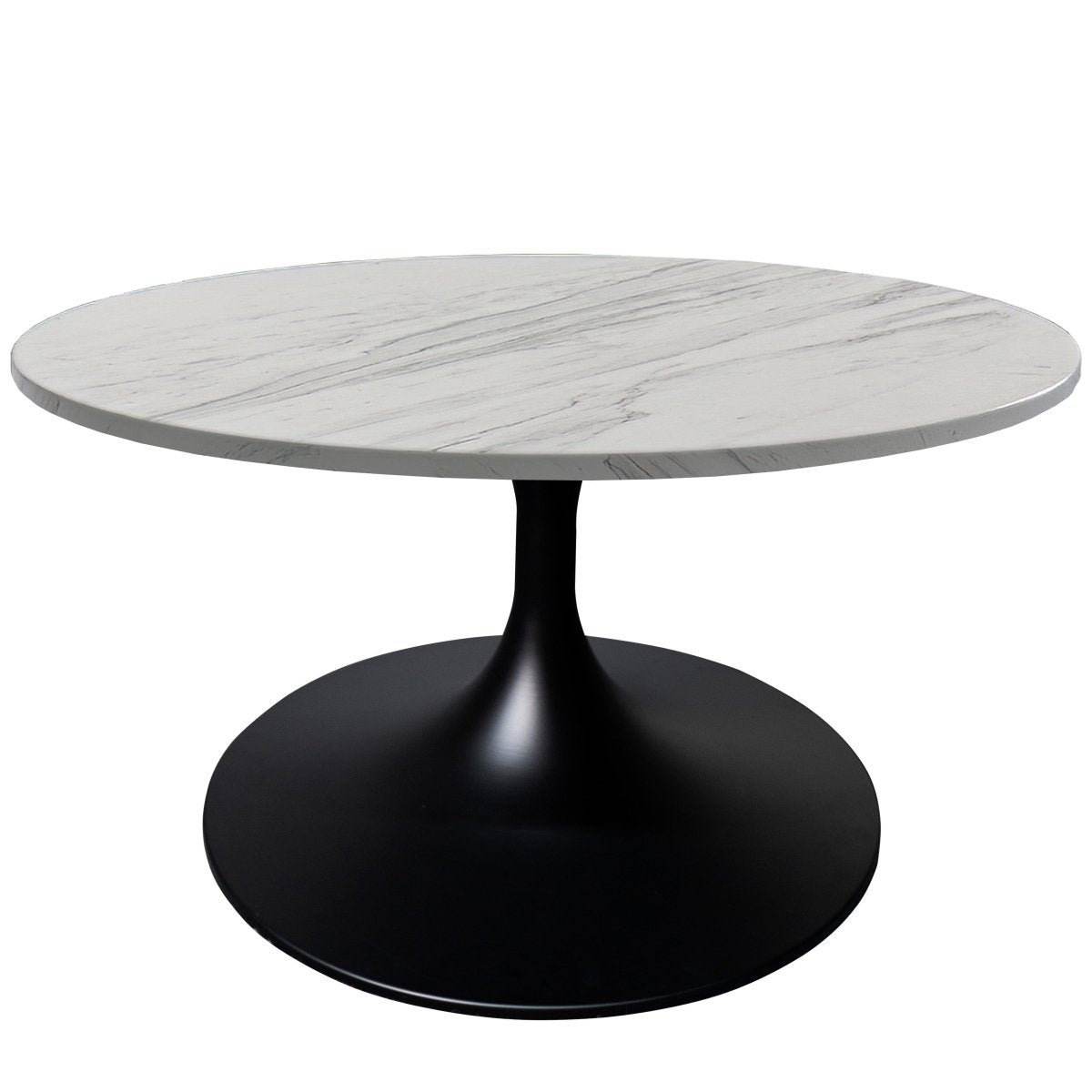 Verve Round Coffee Table with MDF/Resin/Sintered Stone Tabletop and Black Stainless Steel Base Resin 27 Inches Wide White Marble Coffee Table Leisuremod