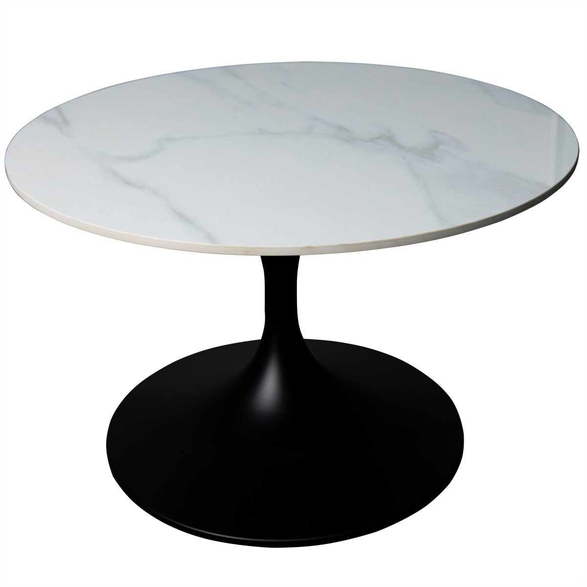 Verve Round Coffee Table with MDF/Resin/Sintered Stone Tabletop and Black Stainless Steel Base Sintered Stone 27 Inches Wide White Coffee Table Leisuremod