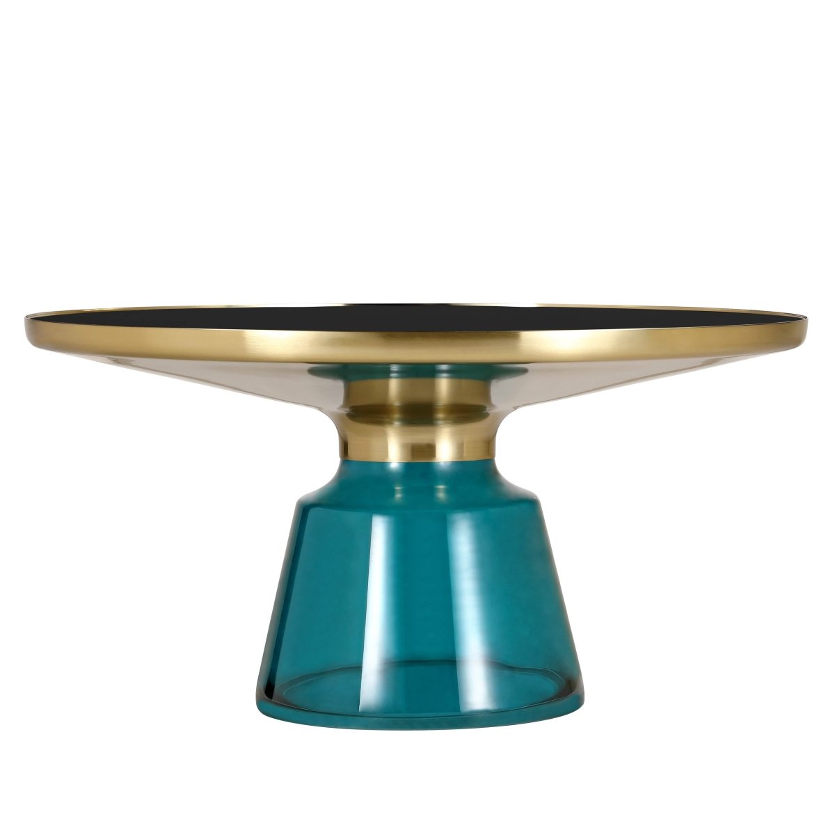 Tully 30-Inch Round Glass/Stone Coffee Table with Iron Rim Frame and Glass Base Glass Gold Blue Black Glass Coffee Table Leisuremod