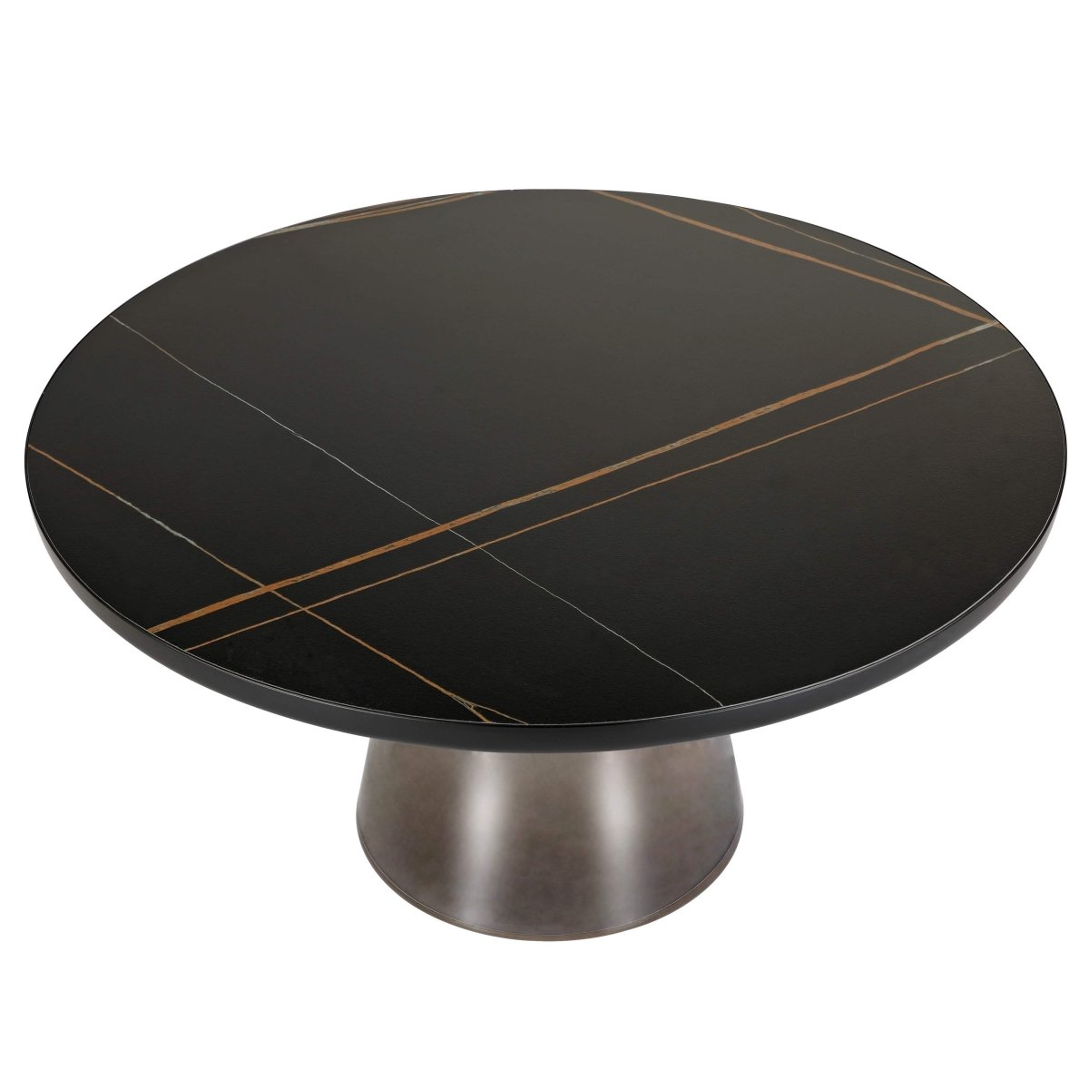 Tully 30-Inch Round Glass/Stone Coffee Table with Iron Rim Frame and Glass Base Stone Black Grey Black Stone Coffee Table Leisuremod