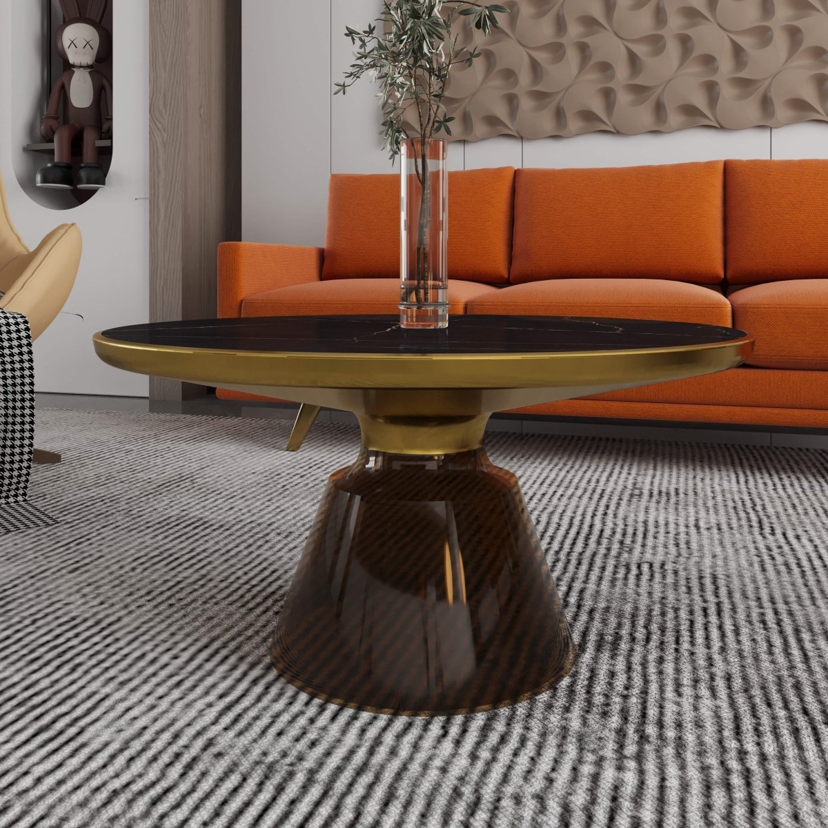 Tully 30-Inch Round Glass/Stone Coffee Table with Iron Rim Frame and Glass Base Glass Gold Grey Black Glass Coffee Table Leisuremod