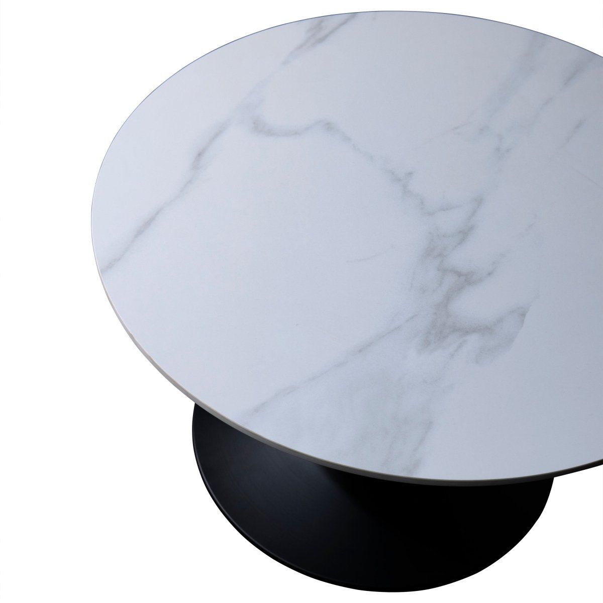 Verve Round Coffee Table with MDF/Resin/Sintered Stone Tabletop and Black Stainless Steel Base Sintered Stone 27 Inches Wide White Coffee Table Leisuremod