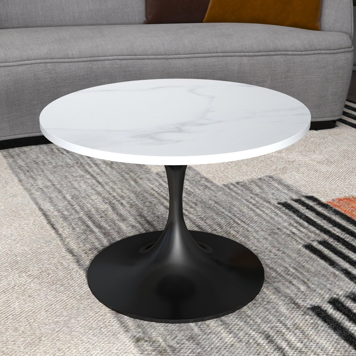 Verve Round Coffee Table with MDF/Resin/Sintered Stone Tabletop and Black Stainless Steel Base Sintered Stone 27 Inches Wide White Coffee Table Leisuremod
