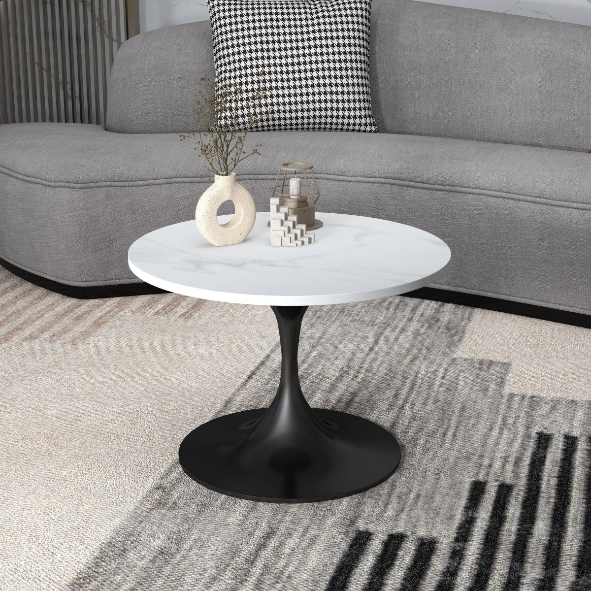 Verve Round Coffee Table with MDF/Resin/Sintered Stone Tabletop and Black Stainless Steel Base Sintered Stone 27 Inches Wide White Coffee Table Leisuremod