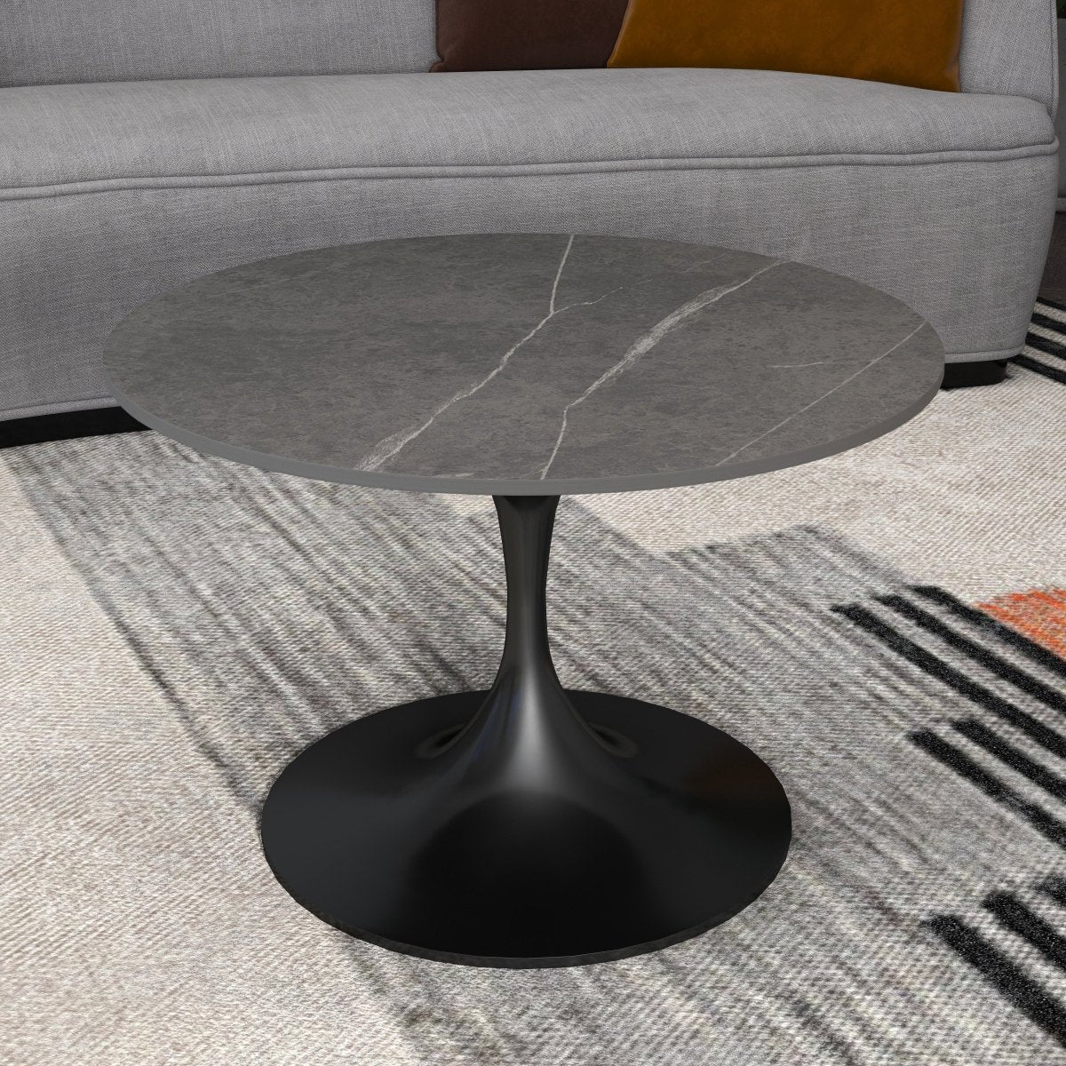 Verve Round Coffee Table with MDF/Resin/Sintered Stone Tabletop and Black Stainless Steel Base Sintered Stone 27 Inches Wide Grey Coffee Table Leisuremod