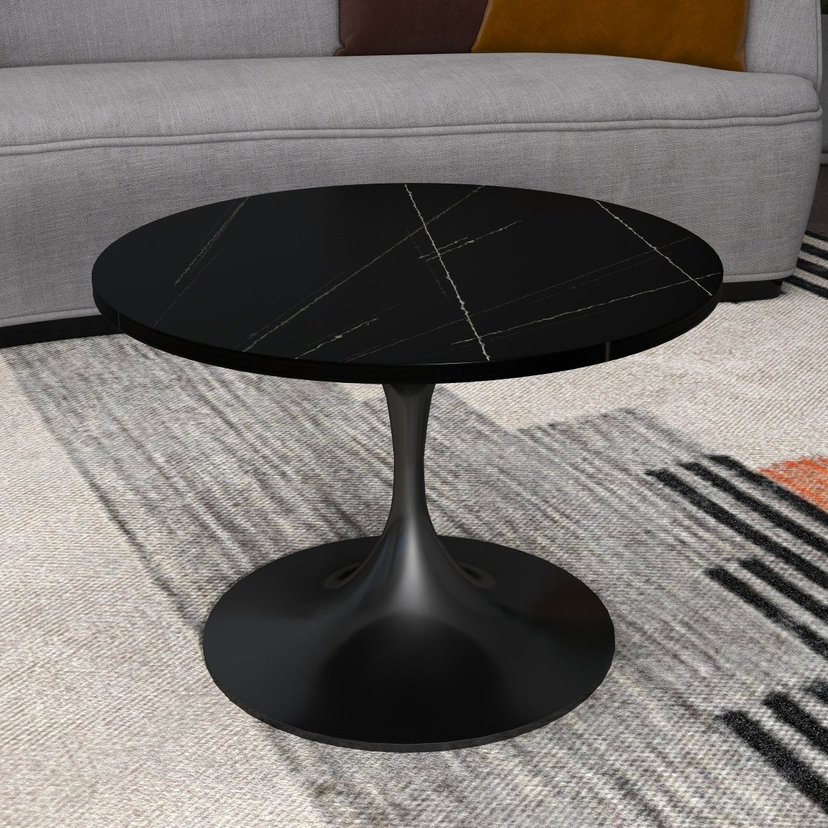 Verve Round Coffee Table with MDF/Resin/Sintered Stone Tabletop and Black Stainless Steel Base Sintered Stone 27 Inches Wide Black Coffee Table Leisuremod