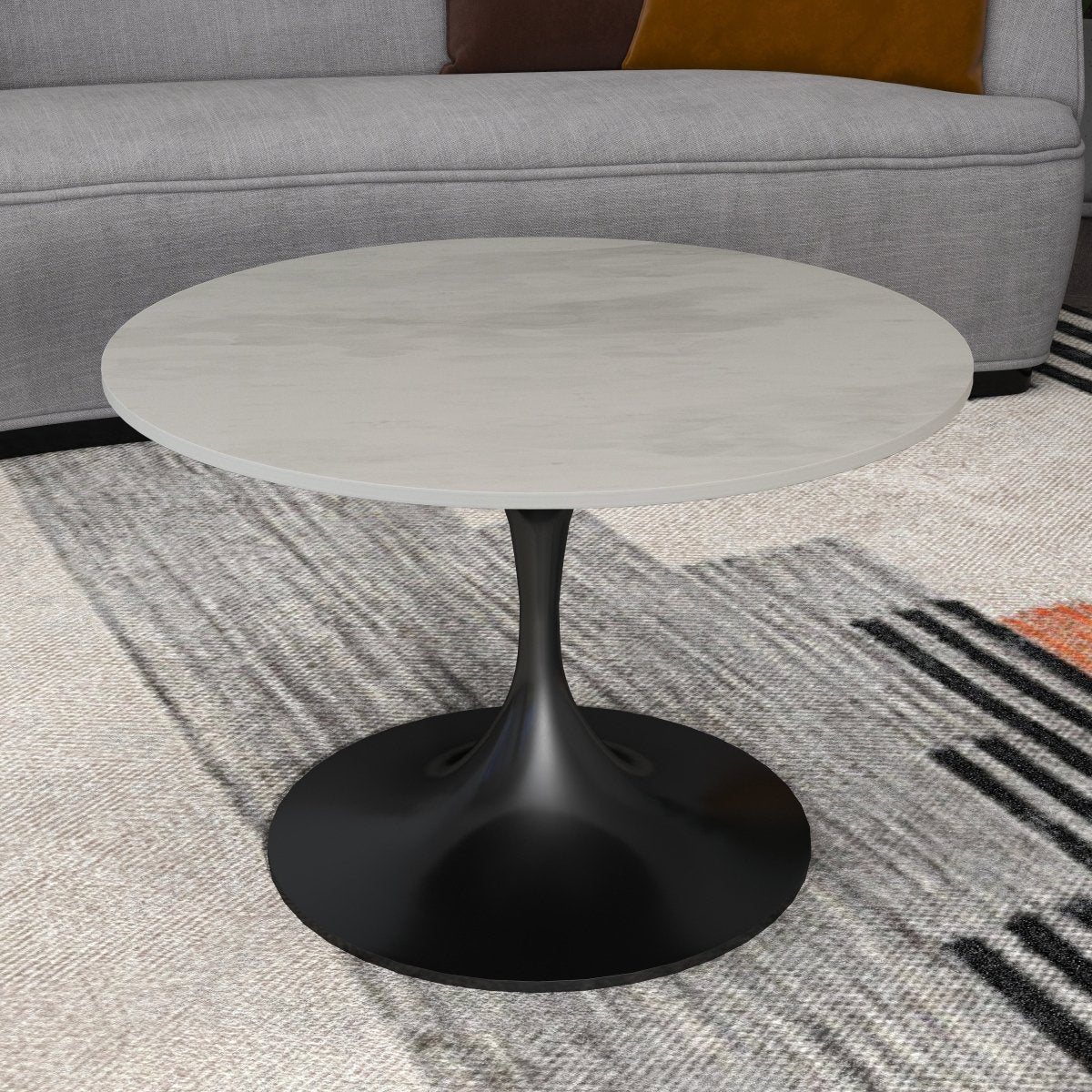 Verve Round Coffee Table with MDF/Resin/Sintered Stone Tabletop and Black Stainless Steel Base Resin 27 Inches Wide White Marble Coffee Table Leisuremod
