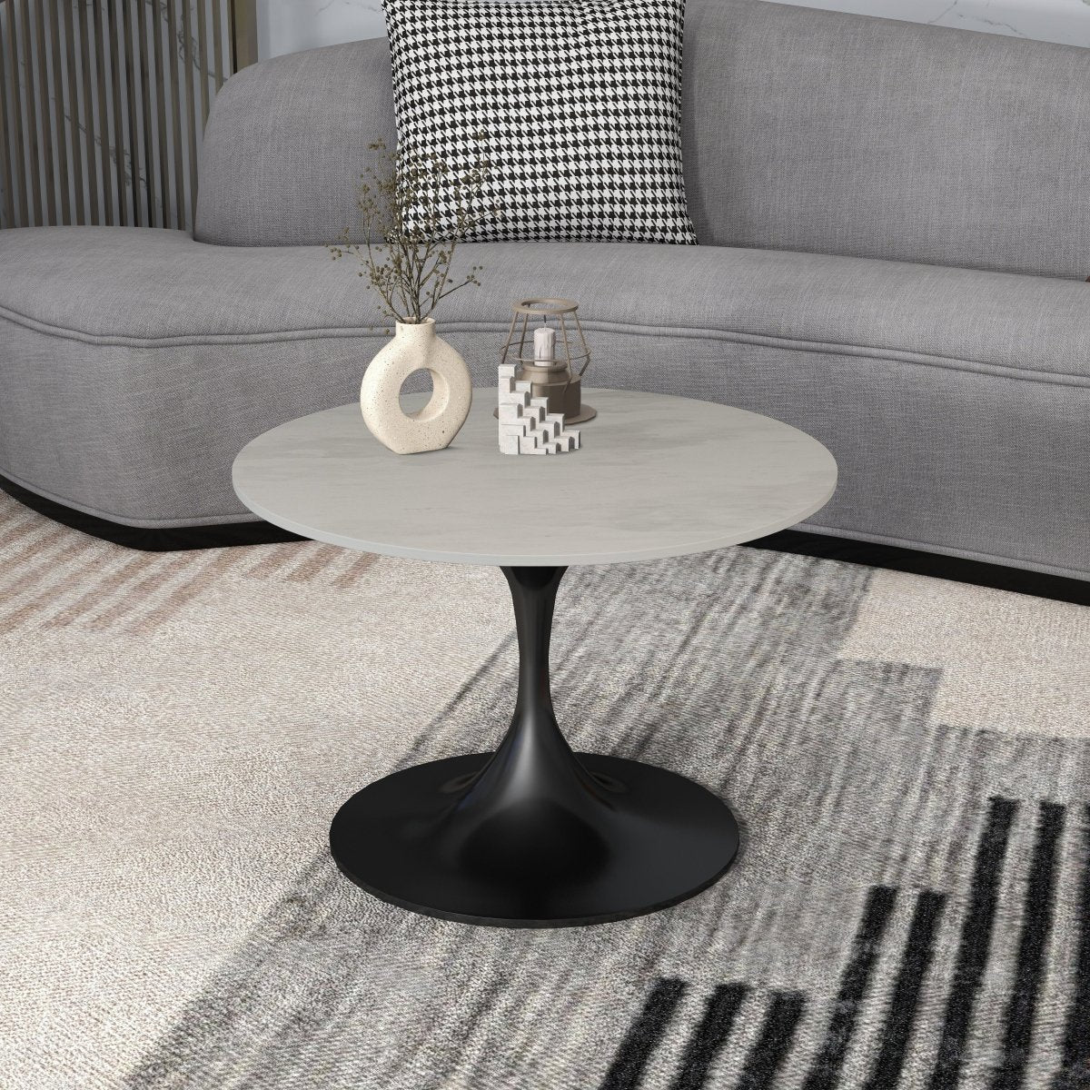 Verve Round Coffee Table with MDF/Resin/Sintered Stone Tabletop and Black Stainless Steel Base Resin 27 Inches Wide White Marble Coffee Table Leisuremod