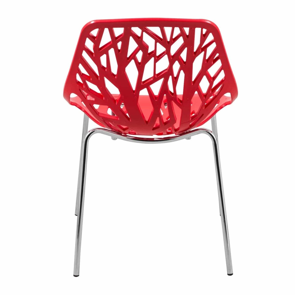 Asbury Polypropylene Dining Side Chair with Forest Cut-Out Design in Chrome Red Dining Chair Leisuremod