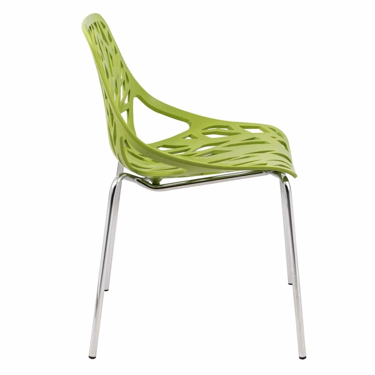 Asbury Polypropylene Dining Side Chair with Forest Cut-Out Design in Chrome Green Dining Chair Leisuremod